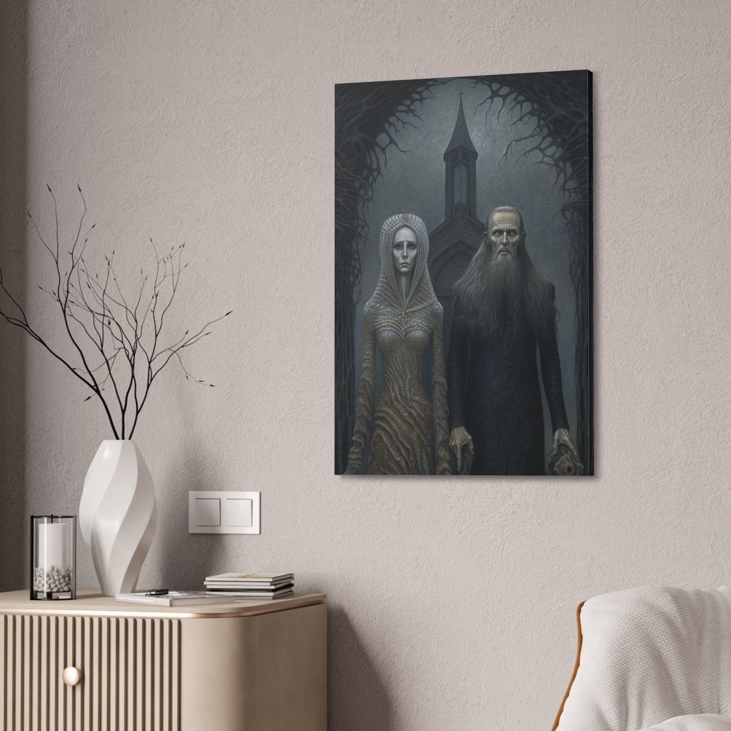 Gothic American Gothic: AI generated version of the classic masterpiece through the eyes of artists known for haunting surreal paintings.