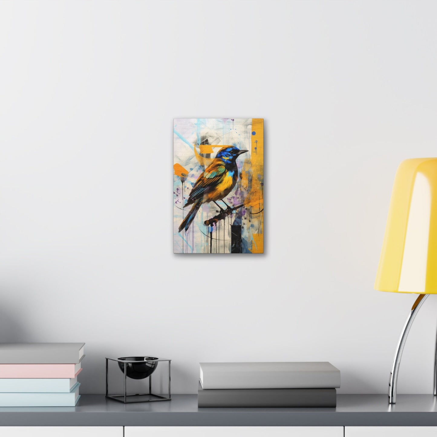 Unique College Dorm or New Apartment Wall Art | Abstract print of a yellow and blue bird. Ai generated digital painting.