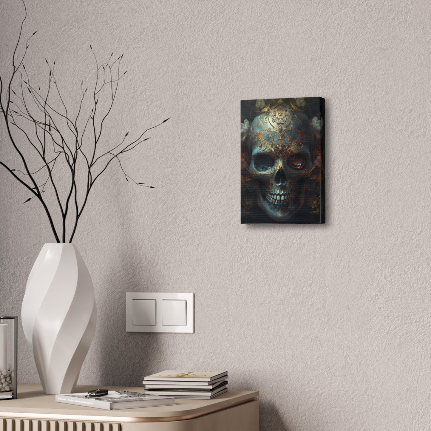 Ornate Painted Skull #1: AI hyper realistic wall art of a sky blue skull covered in ornate designs & decorations. The first of many.