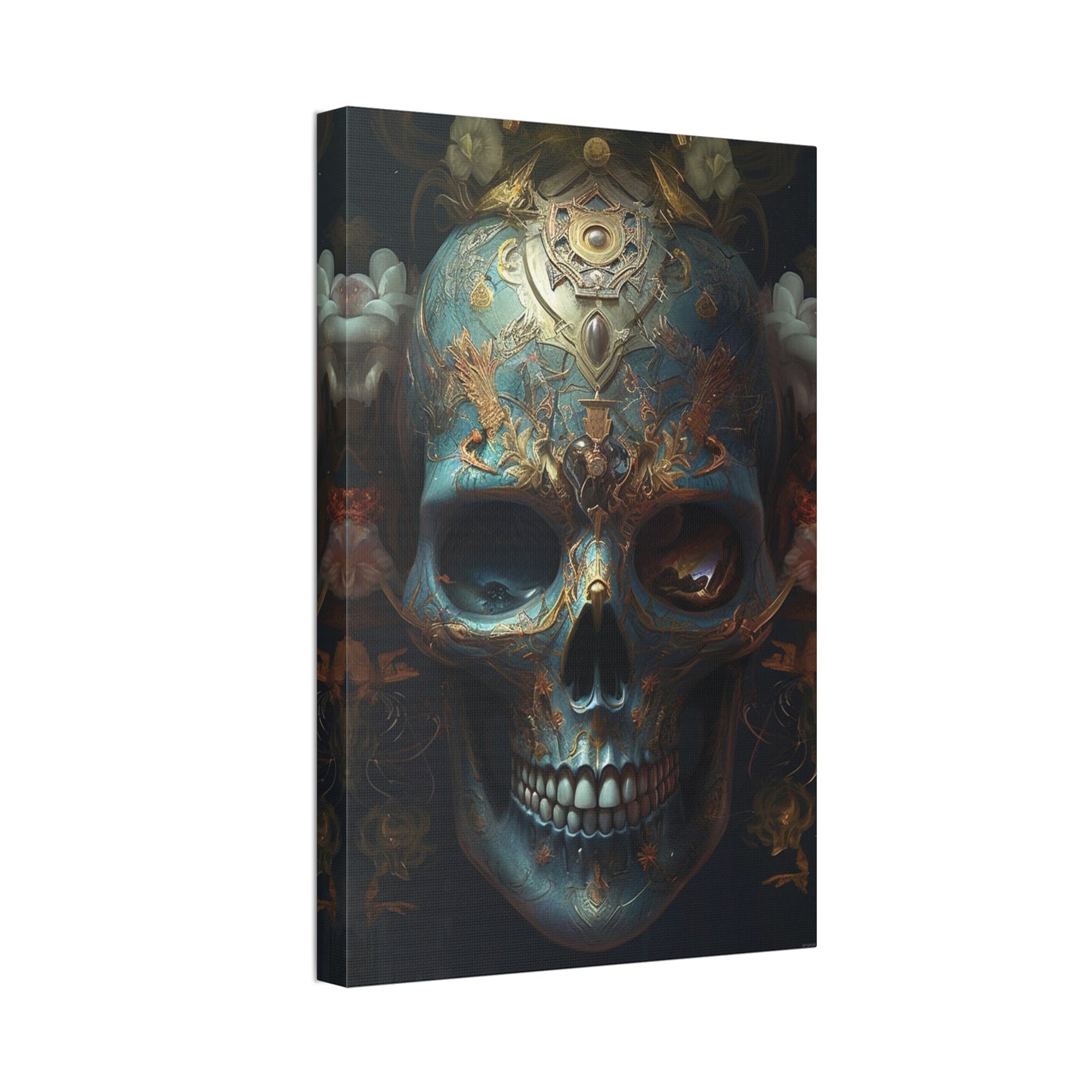 Ornate Painted Skull #1: AI hyper realistic wall art of a sky blue skull covered in ornate designs & decorations. The first of many.