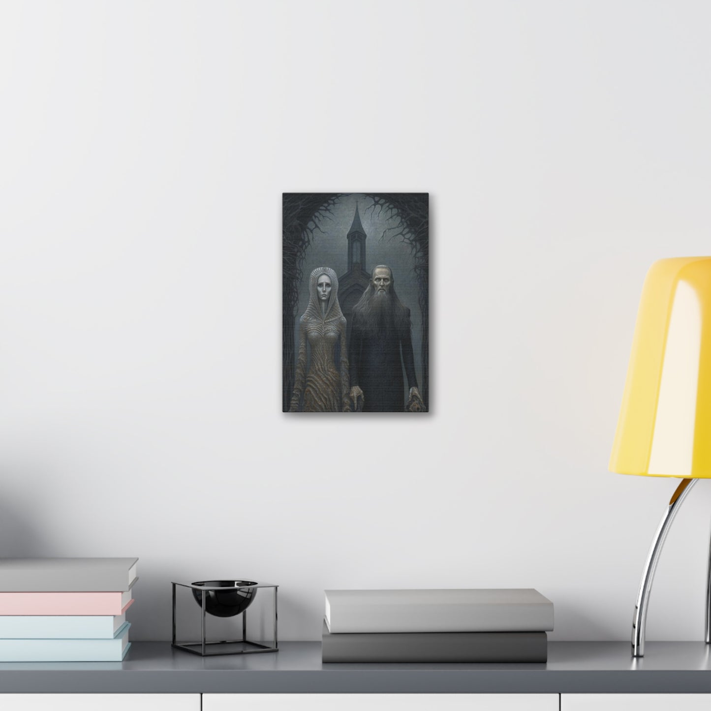 Gothic American Gothic: AI generated version of the classic masterpiece through the eyes of artists known for haunting surreal paintings.