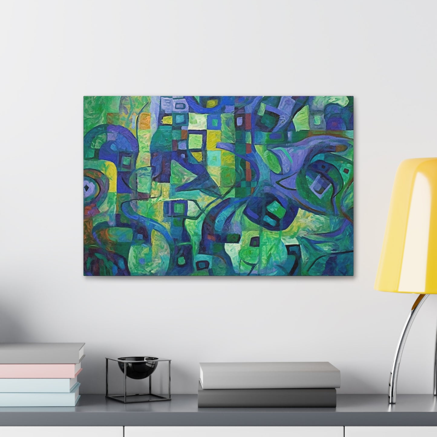 The Octopus Ai Generated Abstract Painting Style Wall Art. Brightly colored piece. Will brighten up any dull room. Green and purple dominate