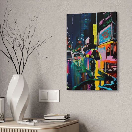 Neon city street scene. Brightly colored Ai Wall Art resembling an impressionistic painting similar to Japanese city art.