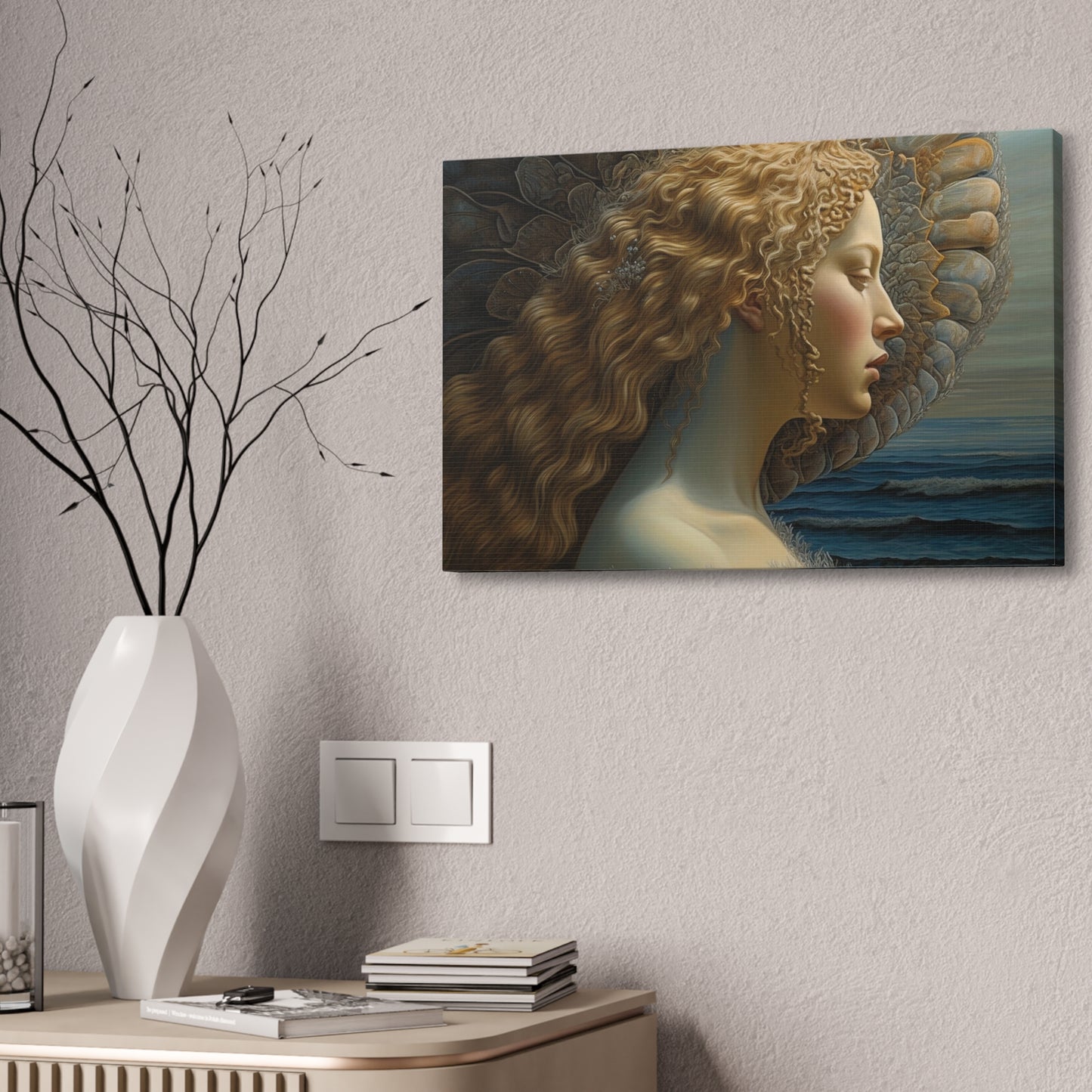 Ai Wall Art: Reimagined version of Botticelli's masterpiece, The Birth of Venus from a profile view. This is a beautiful, yet haunting print