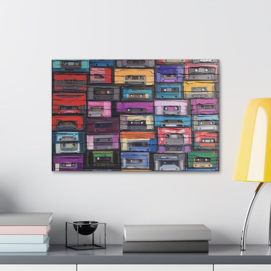 Unique College Dorm or New Apartment Wall Art | Print of textured painting of tapes, cassettes, 80's music. Ai generated.