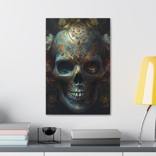 Ornate Painted Skull #1: AI hyper realistic wall art of a sky blue skull covered in ornate designs & decorations. The first of many.