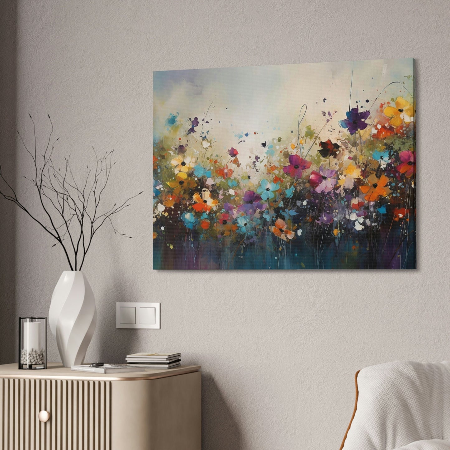 Wildflowers in a meadow. Ai Generated, brightly colored Impressionist style painting Print with dripping paint effects
