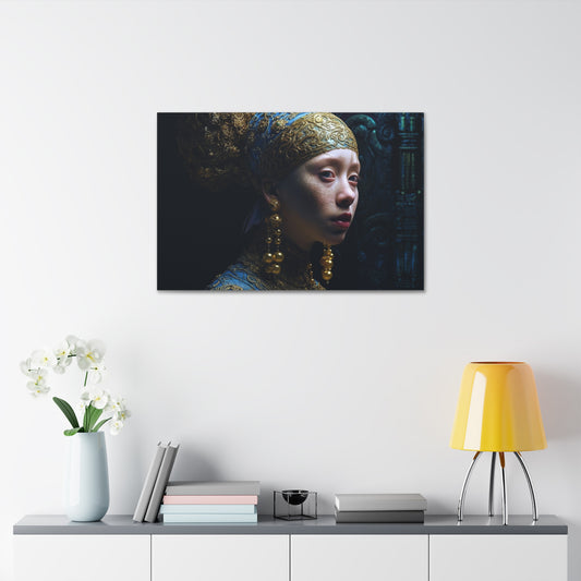 Ai Wall Art: Reimagined Photorealistic version of the Vermeer masterpiece, Girl with a Pearl Earring. Alternative POV with an alien twist.