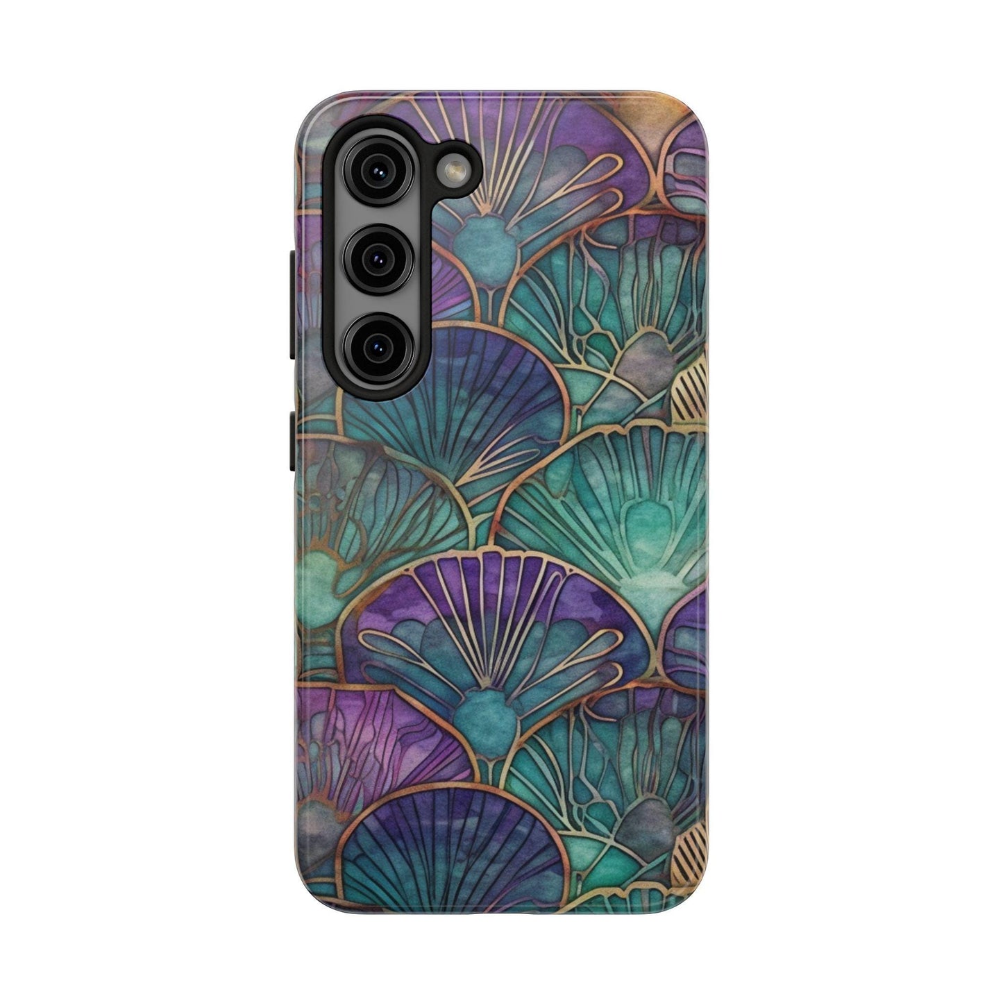 Ai Generated Art. Teal, Purple and Gold Stained Glass Shells : Tough Samsung Galaxy or iPhone Case