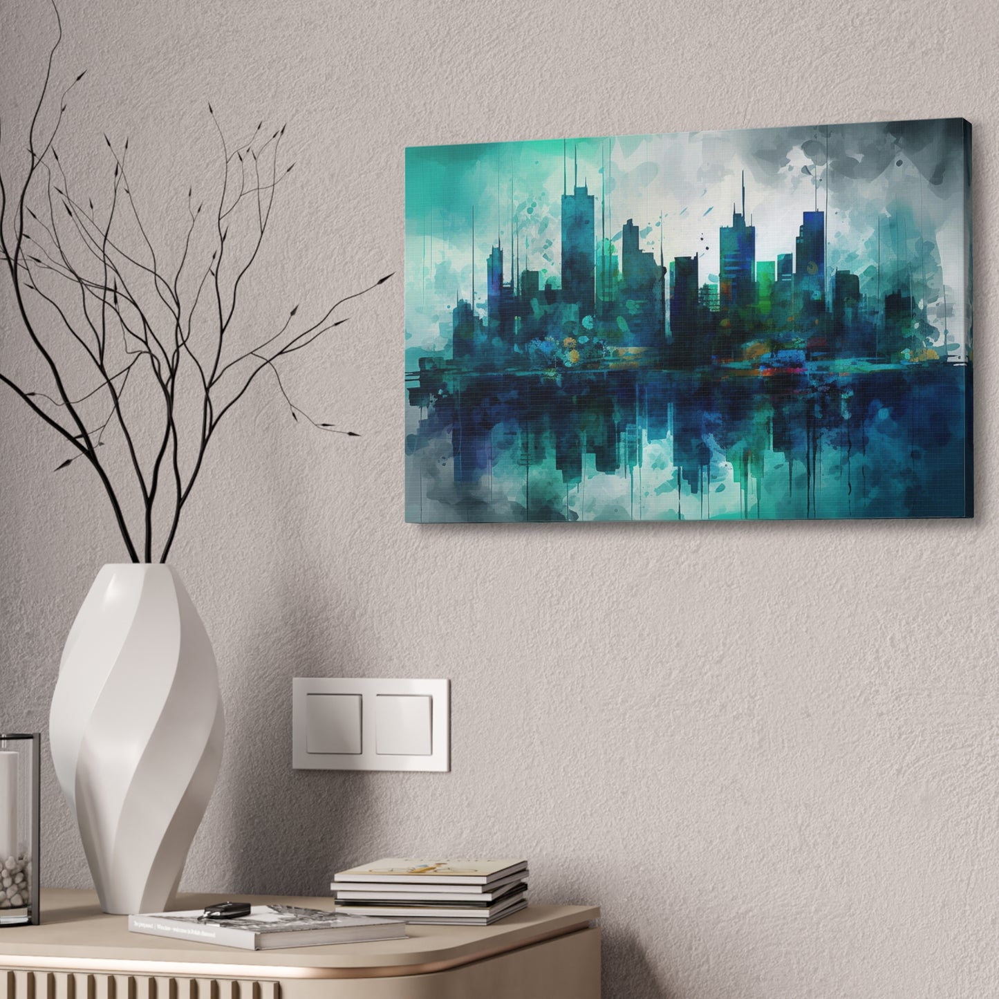 Greens and Blues of a reflected Waterfront Skyline: Abstract Painting Print