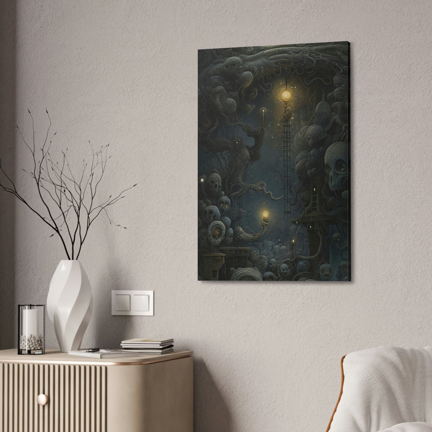 Unique wall art for college apartments or new homes | Surreal AI-Art Print: Starry Night Inspired with H.R. Giger, Szukalski, and Beksinski