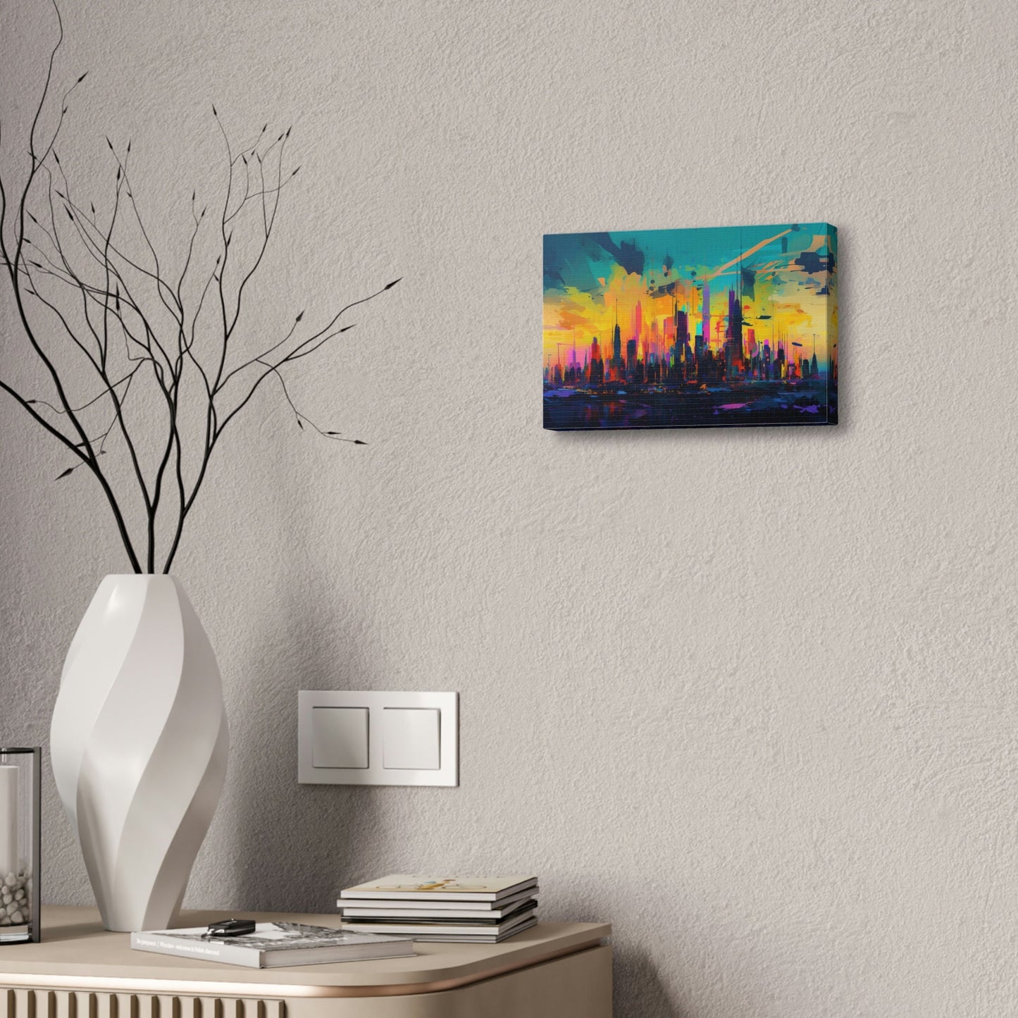 City skyline with a backdrop of bright neon colors exploding from a sunset. This impressionist style Ai Wall Art print makes an impact.