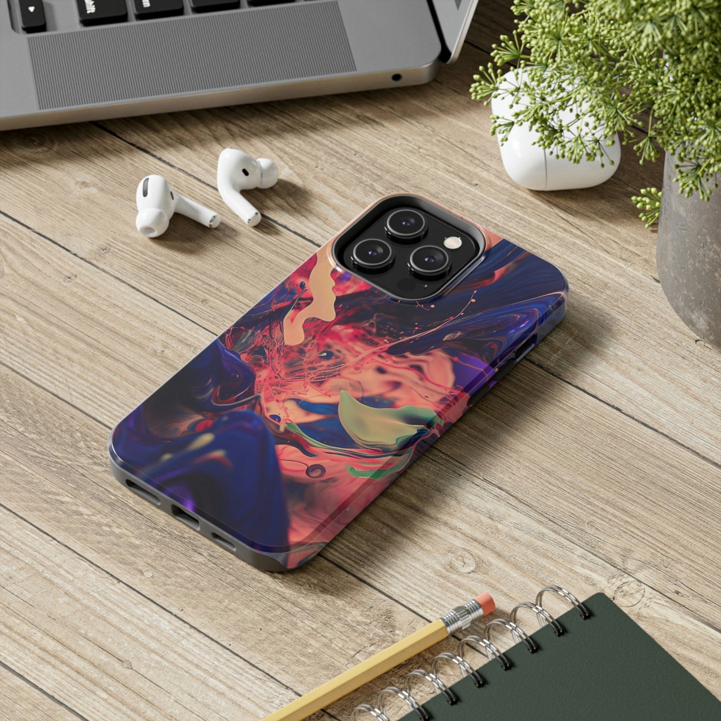 Purple, Peach, Pink, and Black Paint Splash iPhone Tough Case | AI Generated Art
