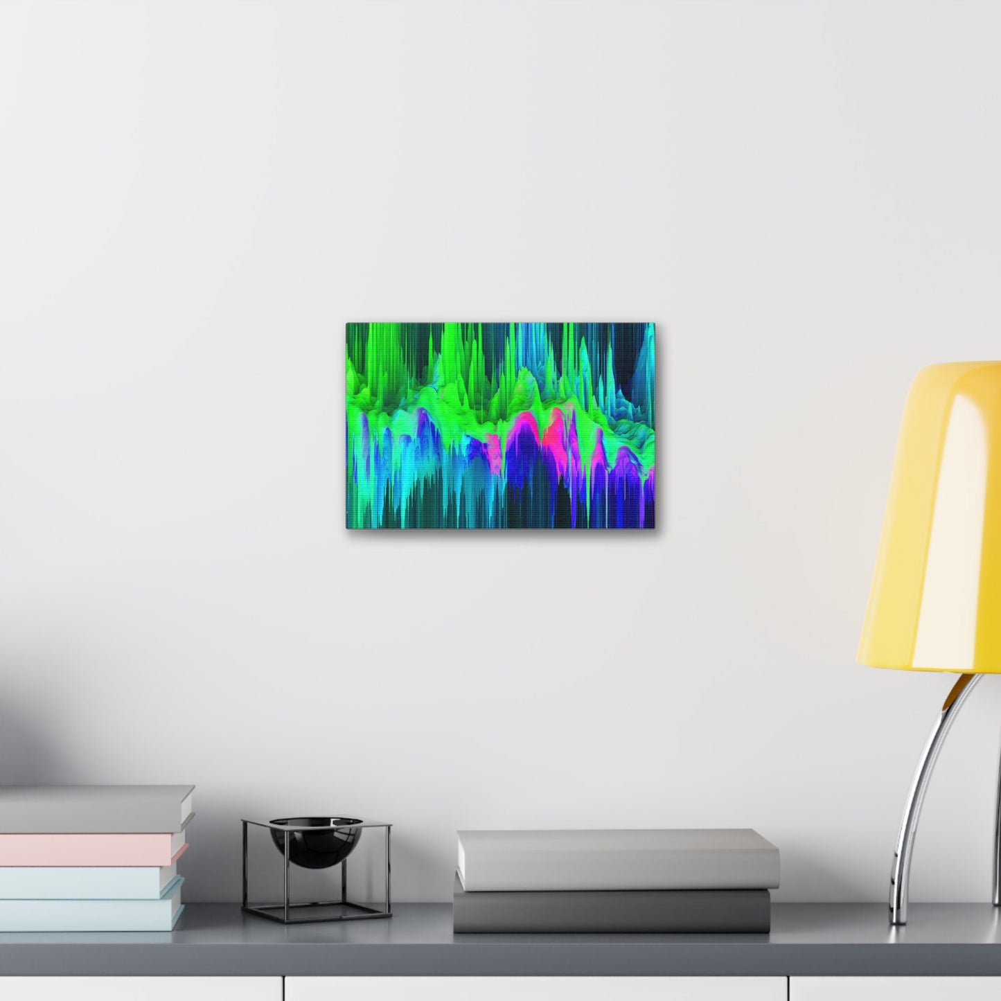 Unique College Dorm, Home or Apartment Wall Art | Green, Teal, Purple, and Pink Neon Pixel Drift Art. Ai generated.