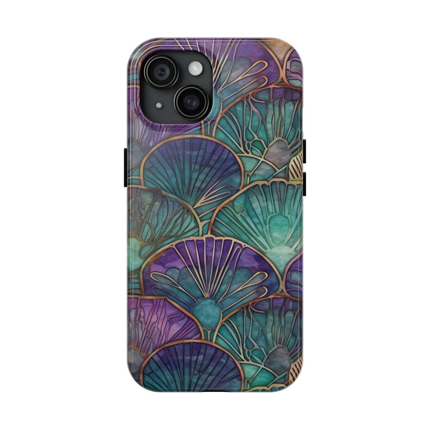 Ai Generated Art. Teal, Purple and Gold Stained Glass Shells : Tough Samsung Galaxy or iPhone Case
