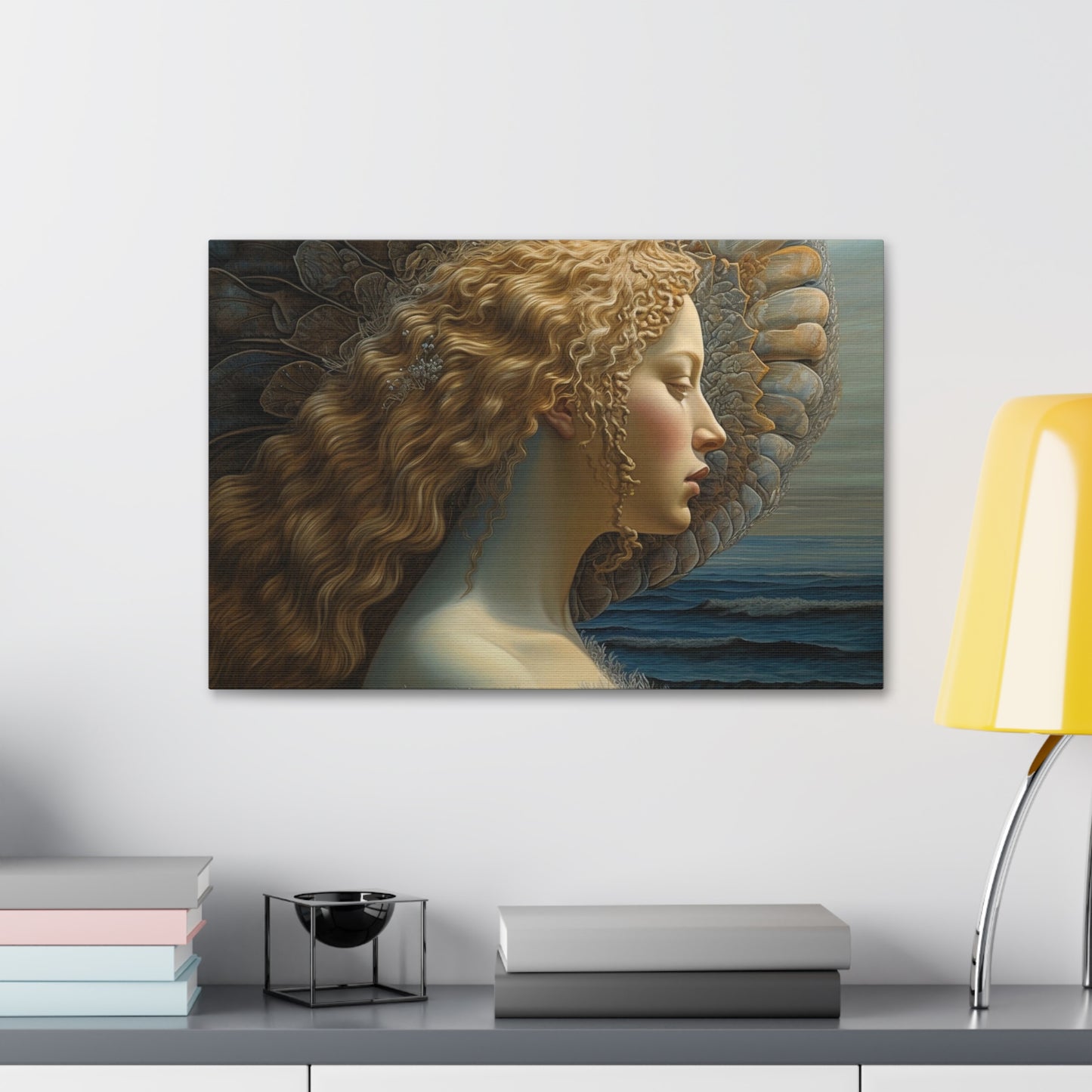 Ai Wall Art: Reimagined version of Botticelli's masterpiece, The Birth of Venus from a profile view. This is a beautiful, yet haunting print