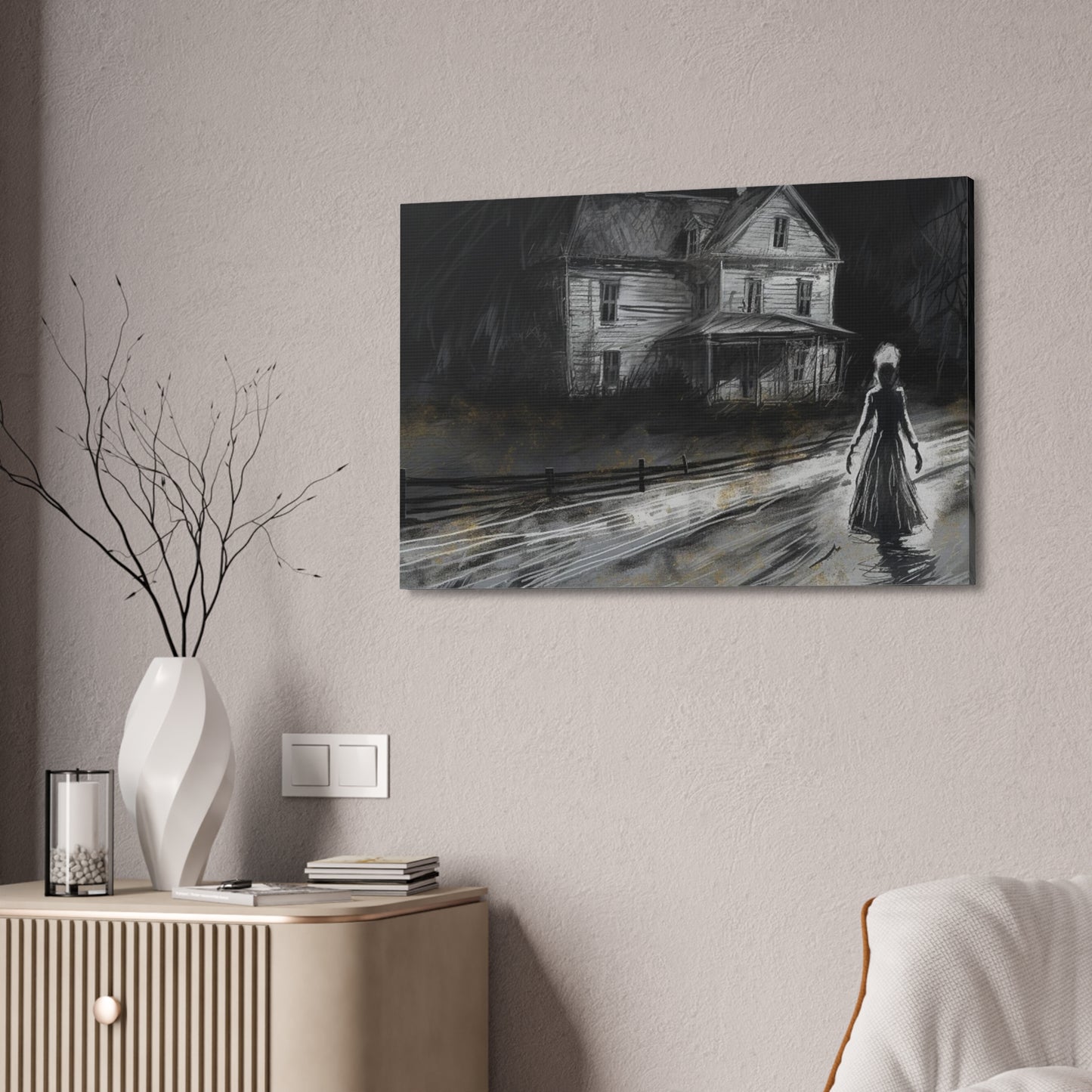 Haunting Charcoal and Pastel Sketch of a slender dark woman on a lonely path by an ominous house: AI generated ominous wall art.