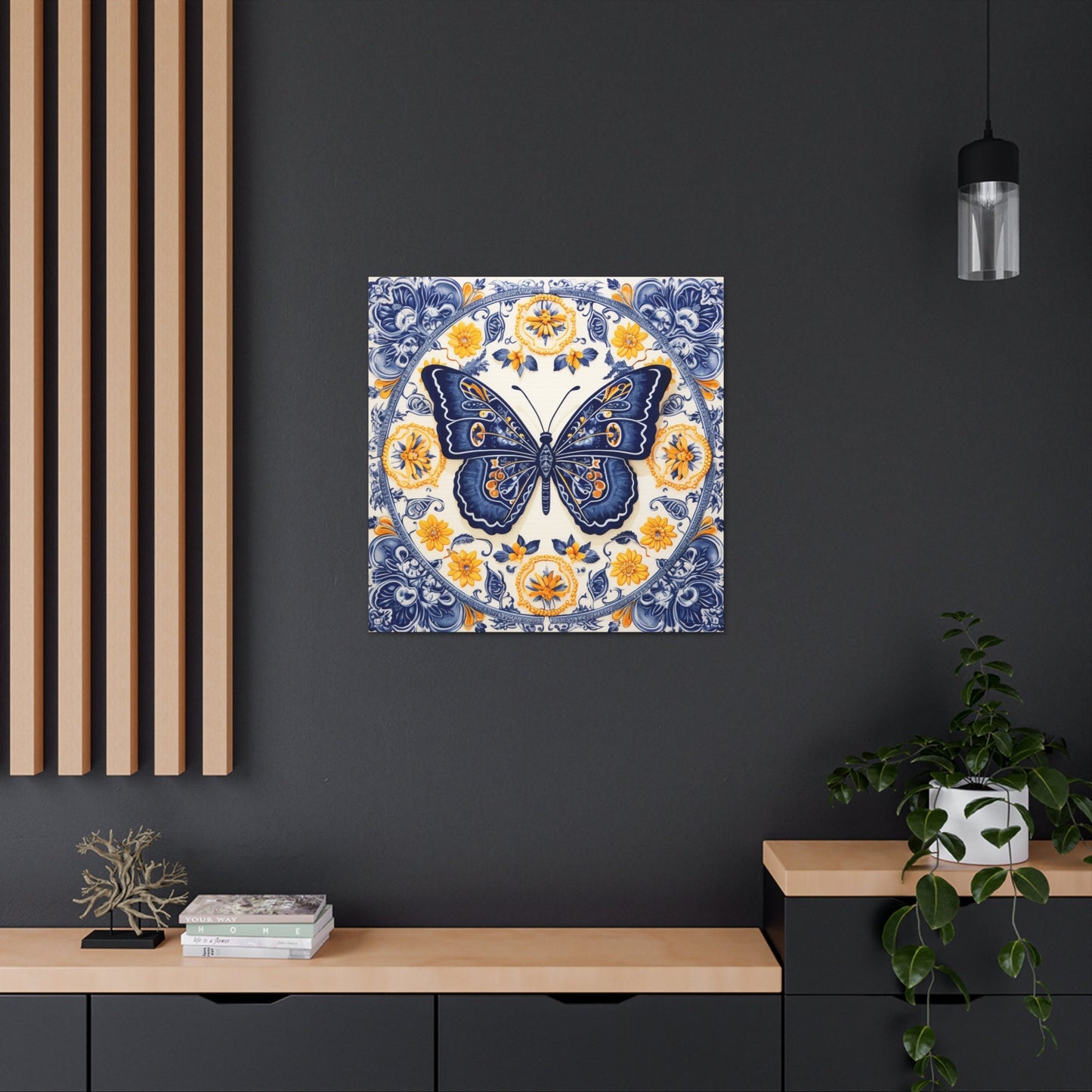Unique Wall Art for your Home, Apartment or Dorm Room. Butterfly in the style of Qinghua pottery #2. Blue, Orange & white. Awesome 4 U.