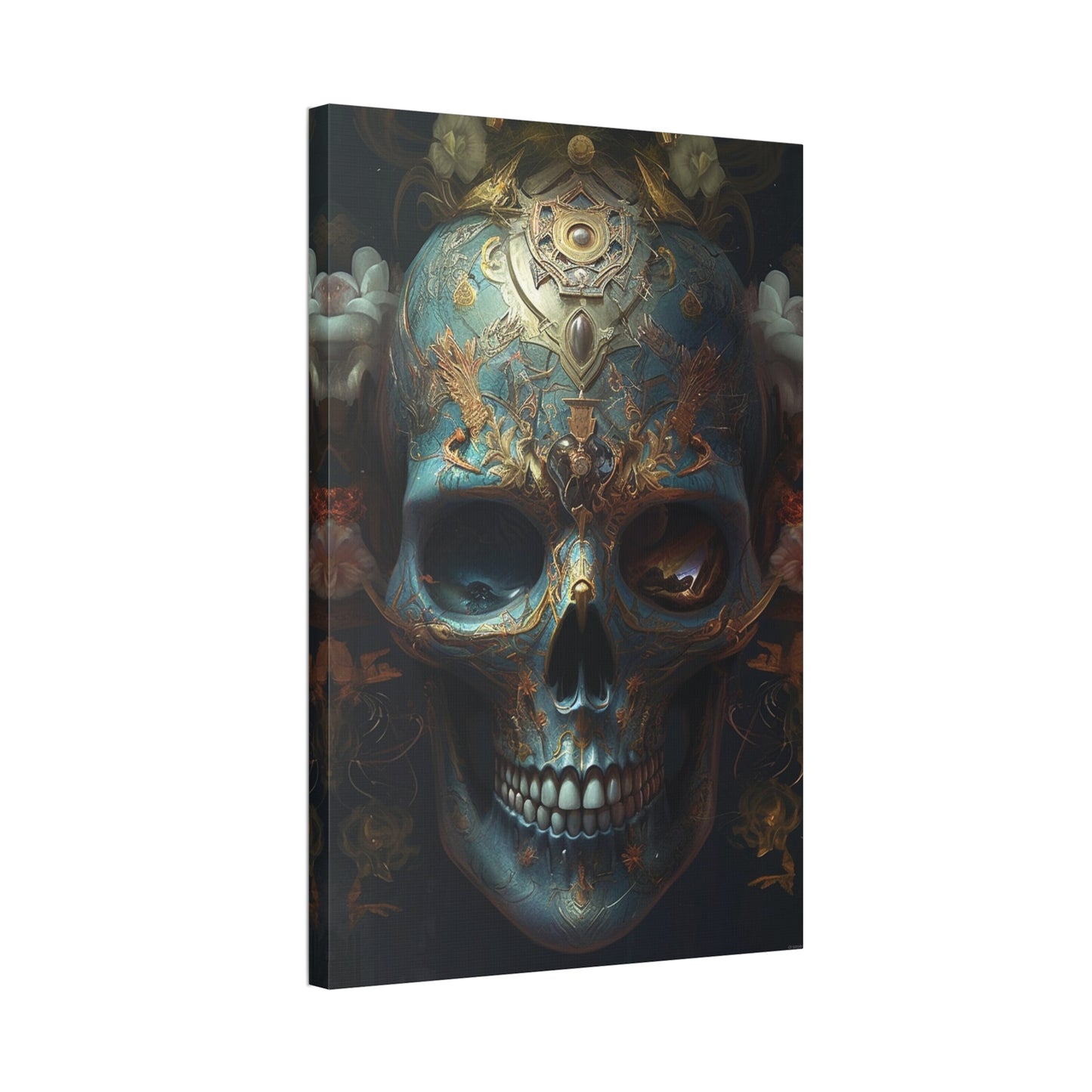 Ornate Painted Skull #1: AI hyper realistic wall art of a sky blue skull covered in ornate designs & decorations. The first of many.