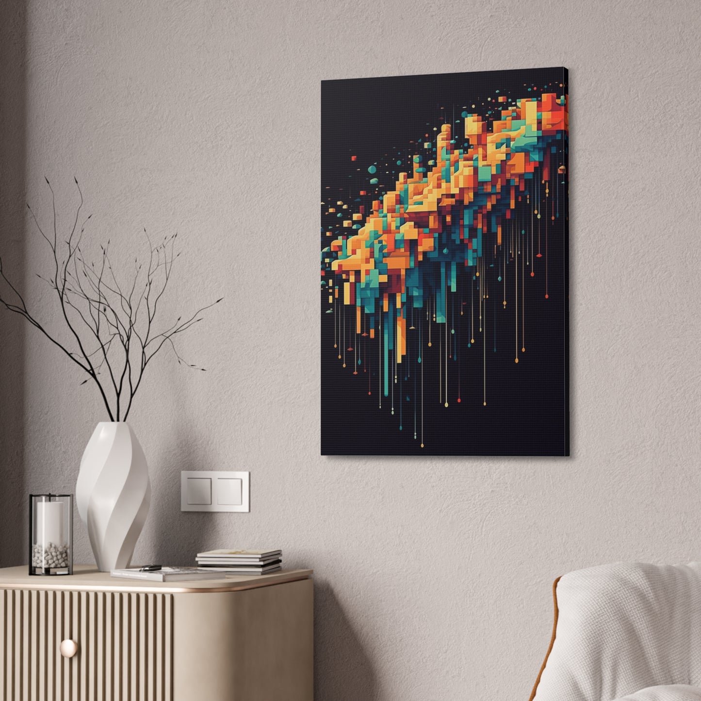 Pixel Drip: AI generated art crossing pixel art mixed with paint pouring techniques. Multicolored wall art.