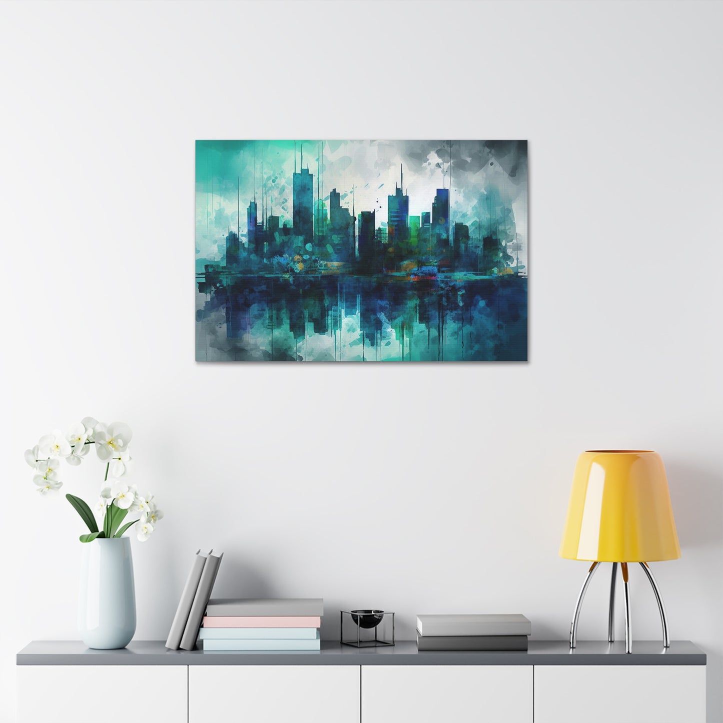 Greens and Blues of a reflected Waterfront Skyline: Abstract Painting Print