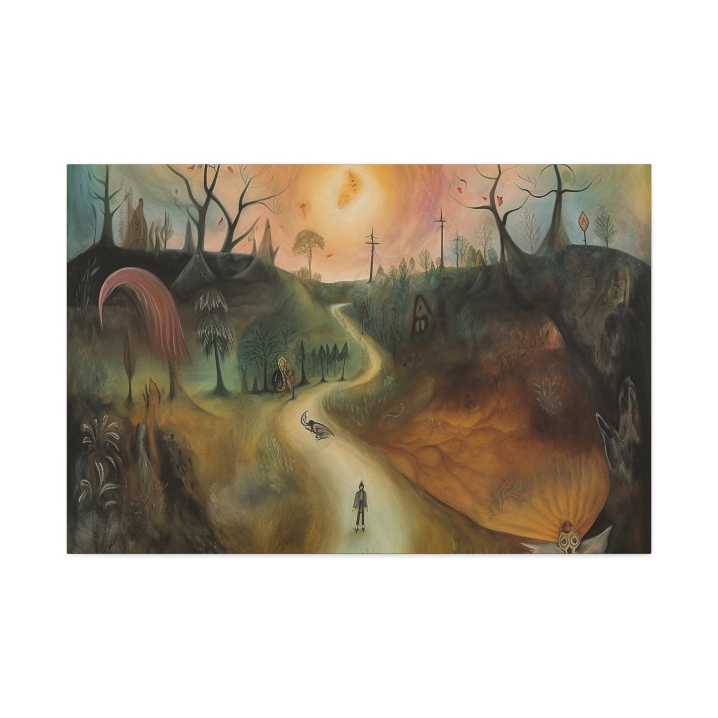 Sleep Paralysis Road: AI generated version of the a Surrealistic piece meant to be haunting and dreamy wall art. Ode to Leonora Carrington.