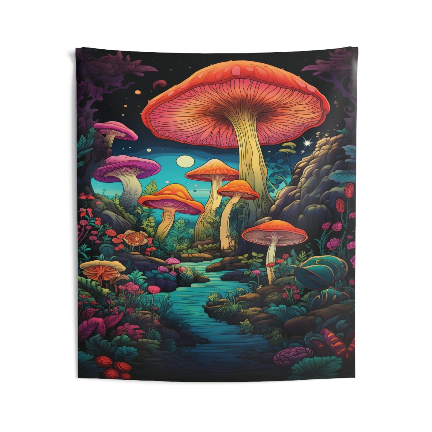 Whimsical Forest Mushroom Wall Tapestry - Vibrant Psychedelic Art Decor for Home & Dorm. Trippy mushroom and outdoor scene.
