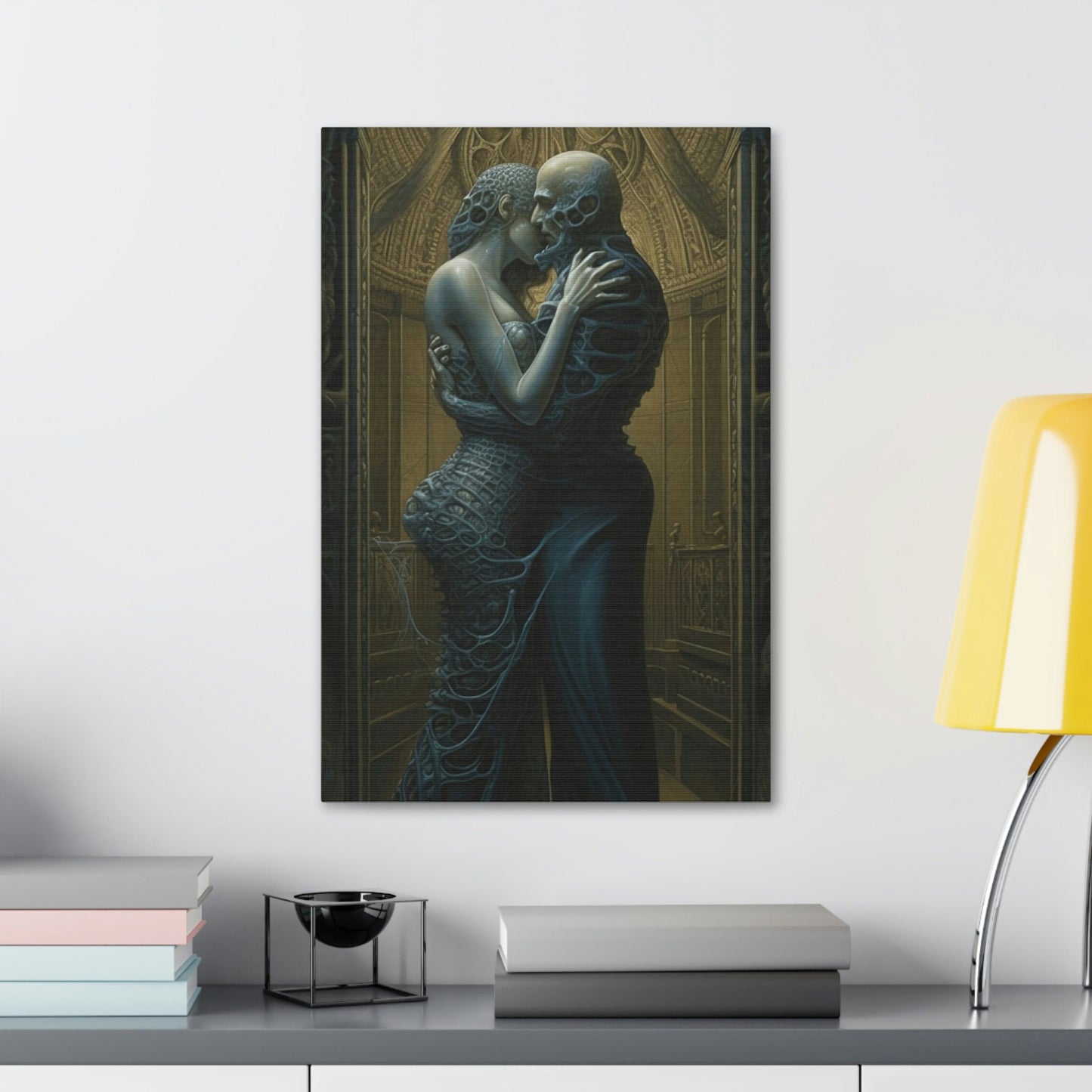 Unique wall art for college apartments or new homes | The Embrace: AI art influenced by H.R Giger and Gustav Klimt's Masterpiece, The Kiss