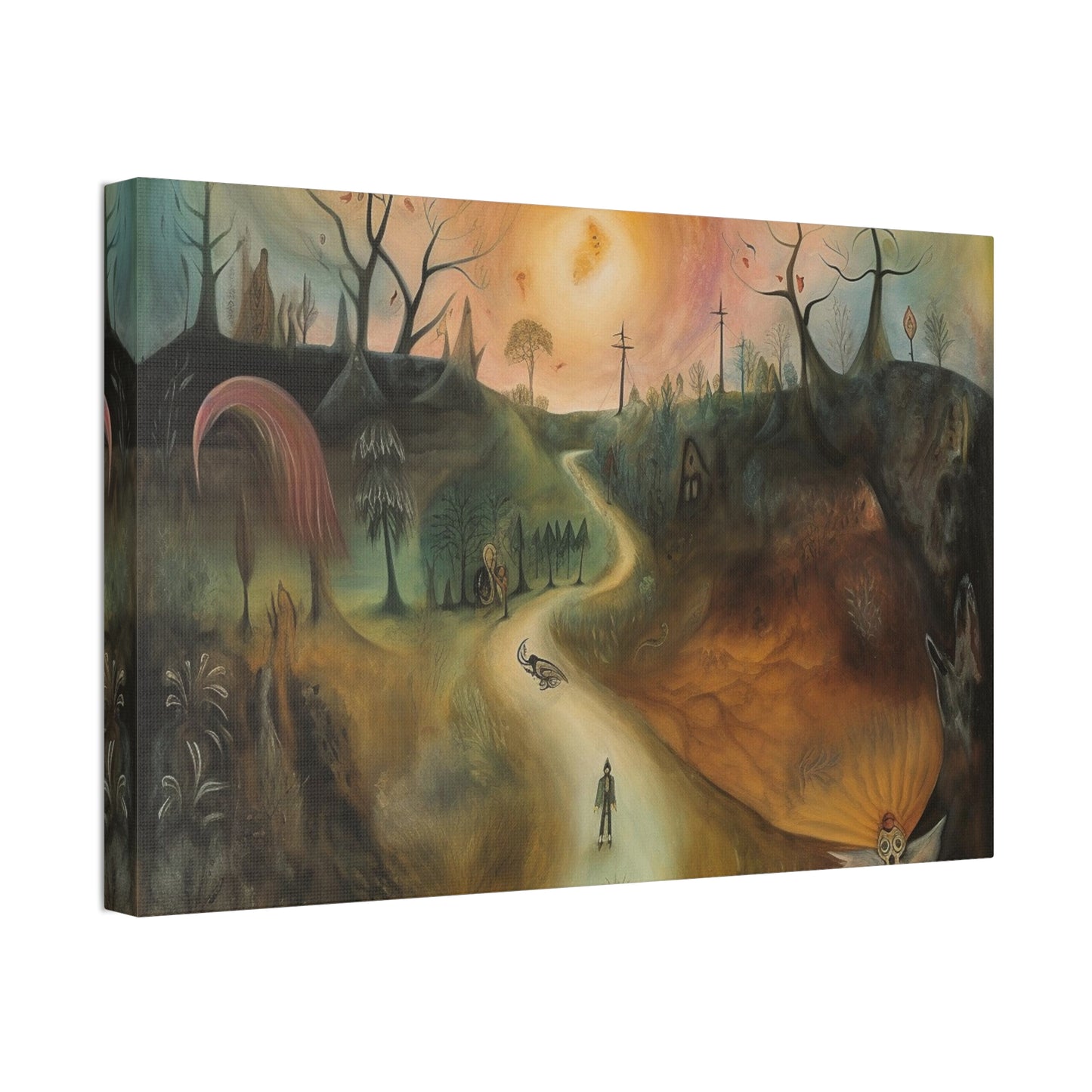 Sleep Paralysis Road: AI generated version of the a Surrealistic piece meant to be haunting and dreamy wall art. Ode to Leonora Carrington.