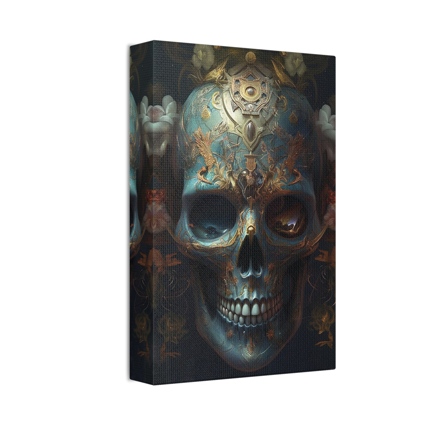 Ornate Painted Skull #1: AI hyper realistic wall art of a sky blue skull covered in ornate designs & decorations. The first of many.