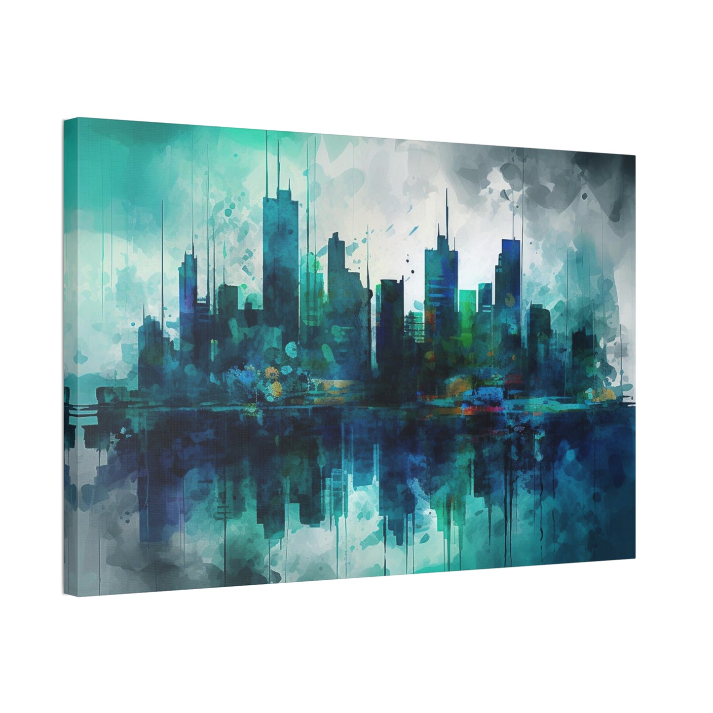Greens and Blues of a reflected Waterfront Skyline: Abstract Painting Print
