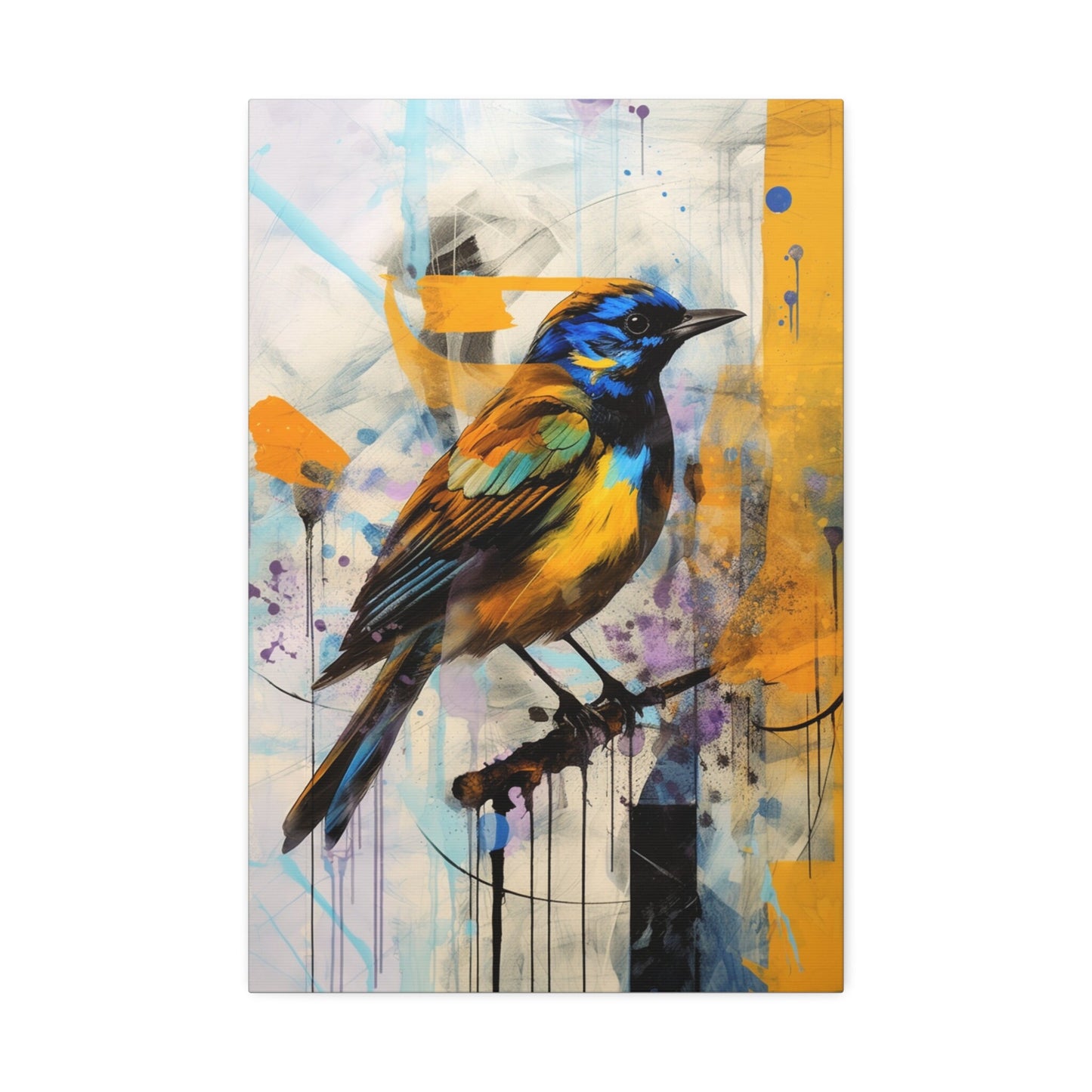Unique College Dorm or New Apartment Wall Art | Abstract print of a yellow and blue bird. Ai generated digital painting.