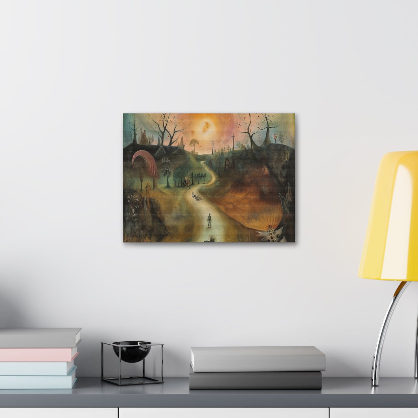 Sleep Paralysis Road: AI generated version of the a Surrealistic piece meant to be haunting and dreamy wall art. Ode to Leonora Carrington.
