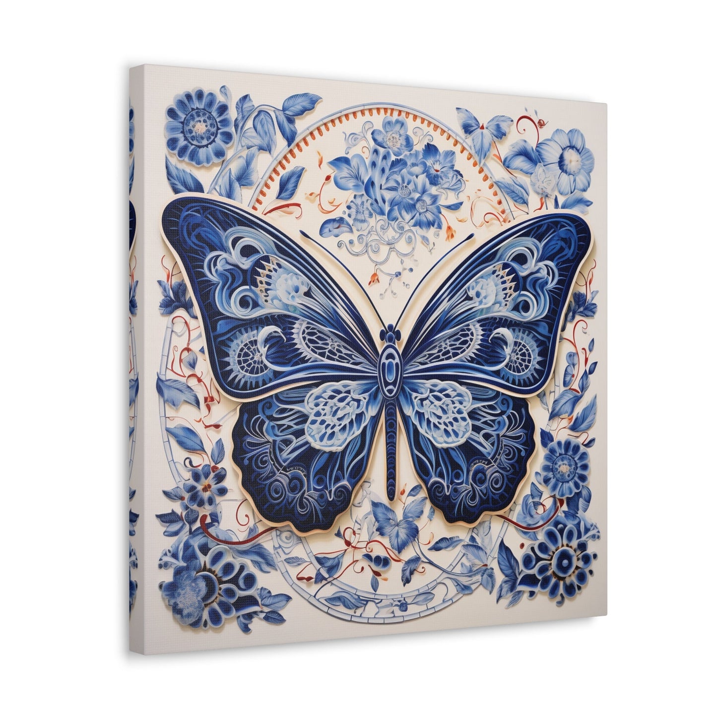 Unique Wall Art for your Home, Apartment or Dorm Room. Butterfly and in the style of Qinghua pottery. Blue, Orange & white. Awesome 4 U.