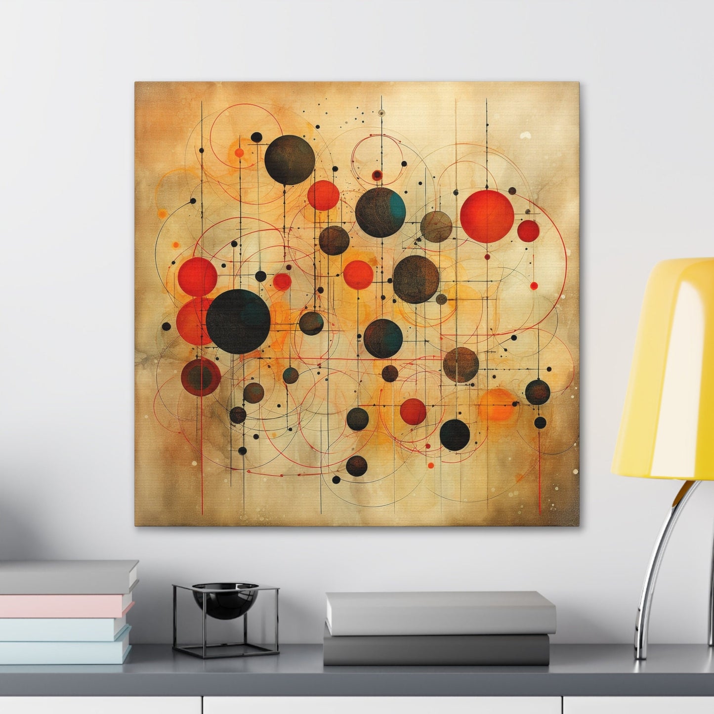 Amazing Wall Art for your Home, Apartment or Dorm Room.  Abstract Art, Circles & Worn papyrus. Modern Geometric Red and Black, Home Decor.