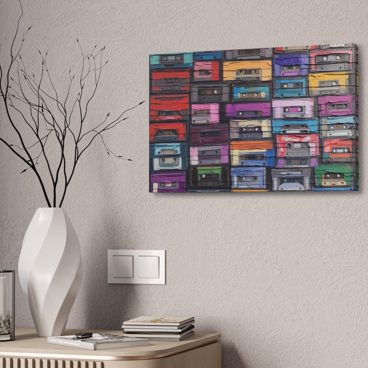 Unique College Dorm or New Apartment Wall Art | Print of textured painting of tapes, cassettes, 80's music. Ai generated.
