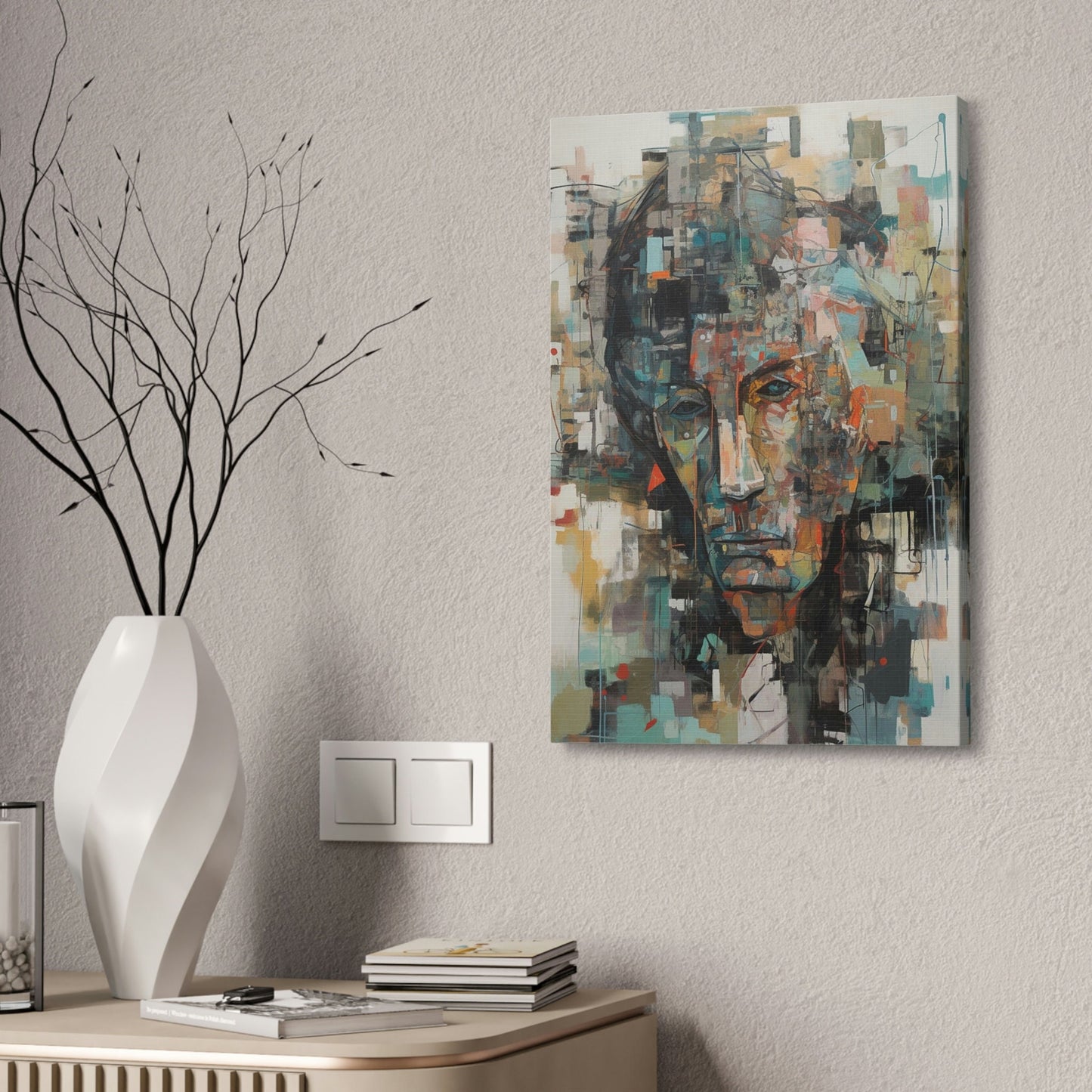 Sorrow of Desires. Ai Wall Art Abstract painting print of a sullen man. Brightly colored with teal, red, and orange on a beige background.