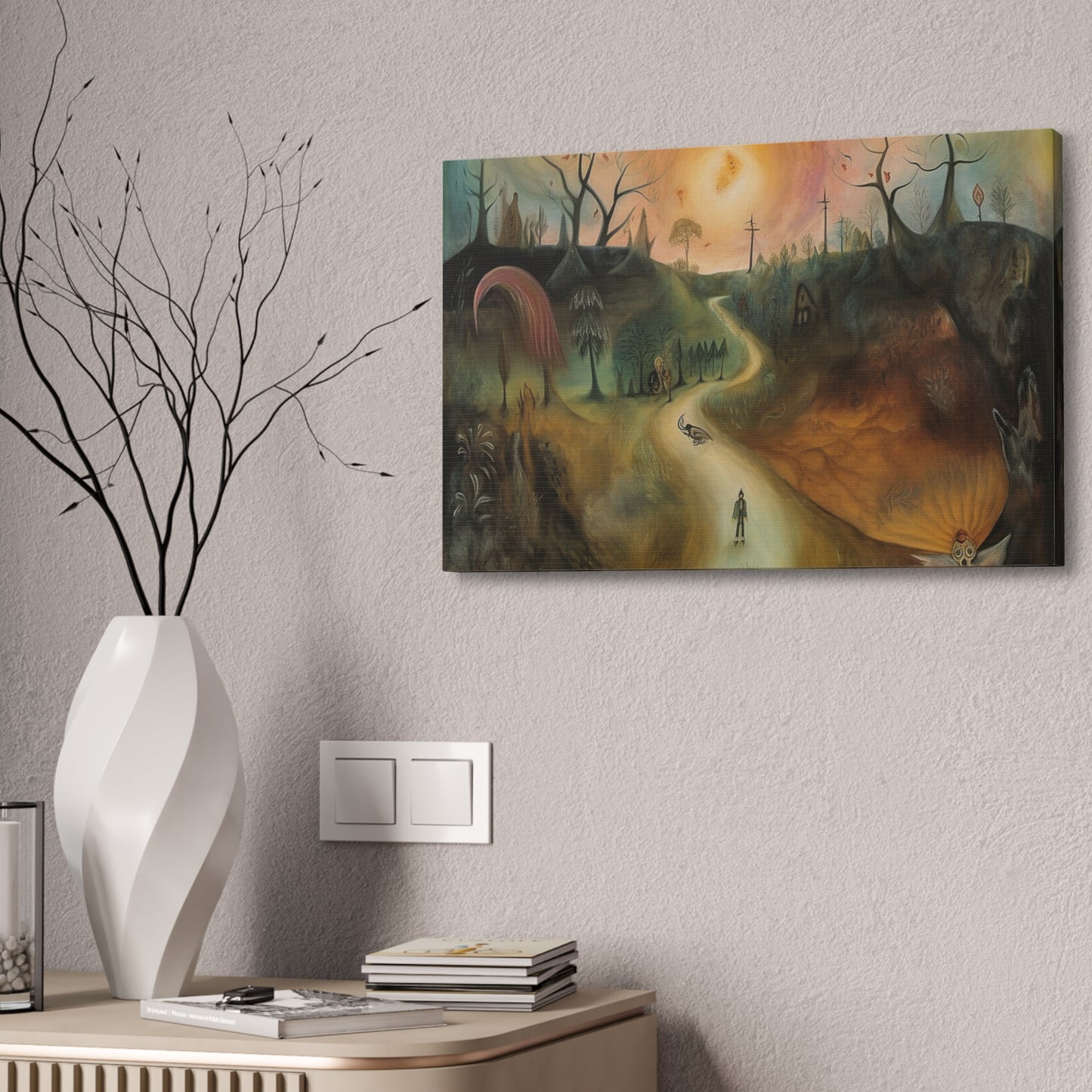 Sleep Paralysis Road: AI generated version of the a Surrealistic piece meant to be haunting and dreamy wall art. Ode to Leonora Carrington.