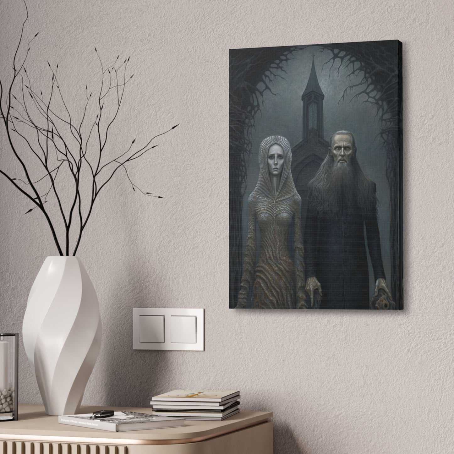 Gothic American Gothic: AI generated version of the classic masterpiece through the eyes of artists known for haunting surreal paintings.