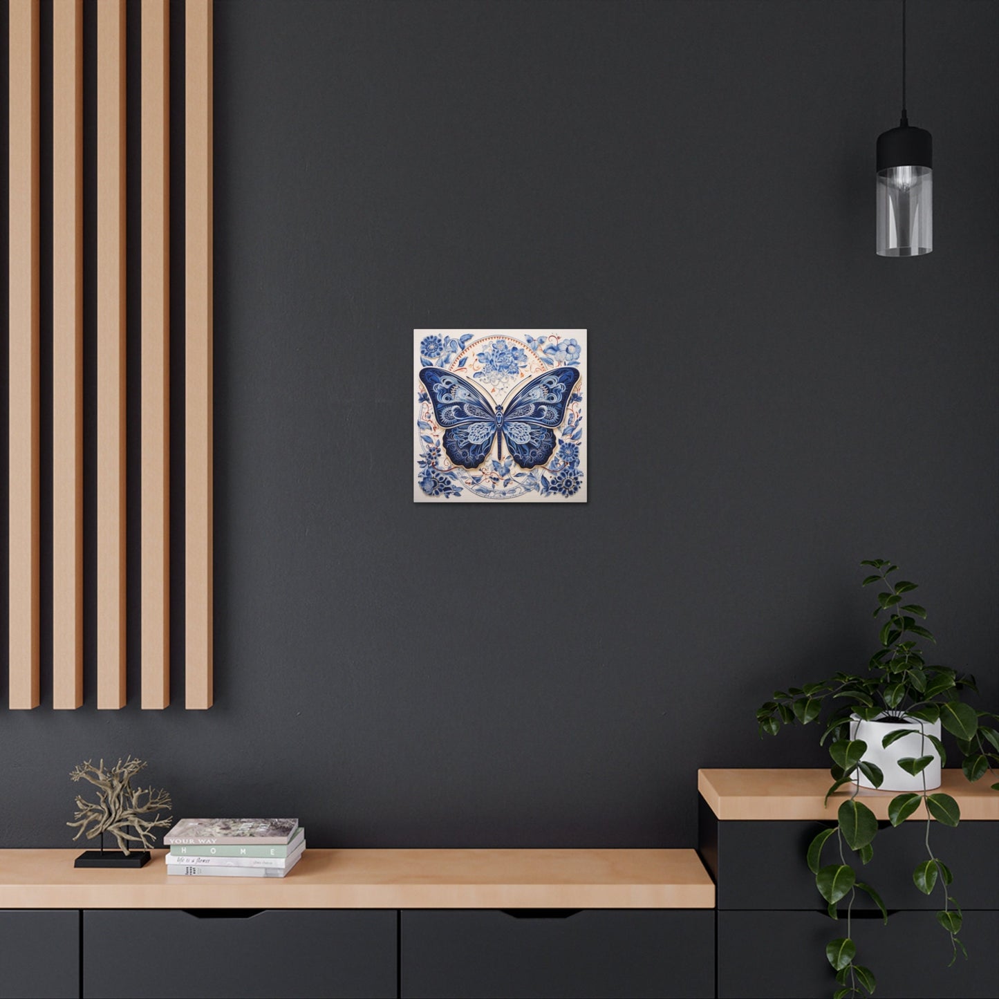 Unique Wall Art for your Home, Apartment or Dorm Room. Butterfly and in the style of Qinghua pottery. Blue, Orange & white. Awesome 4 U.