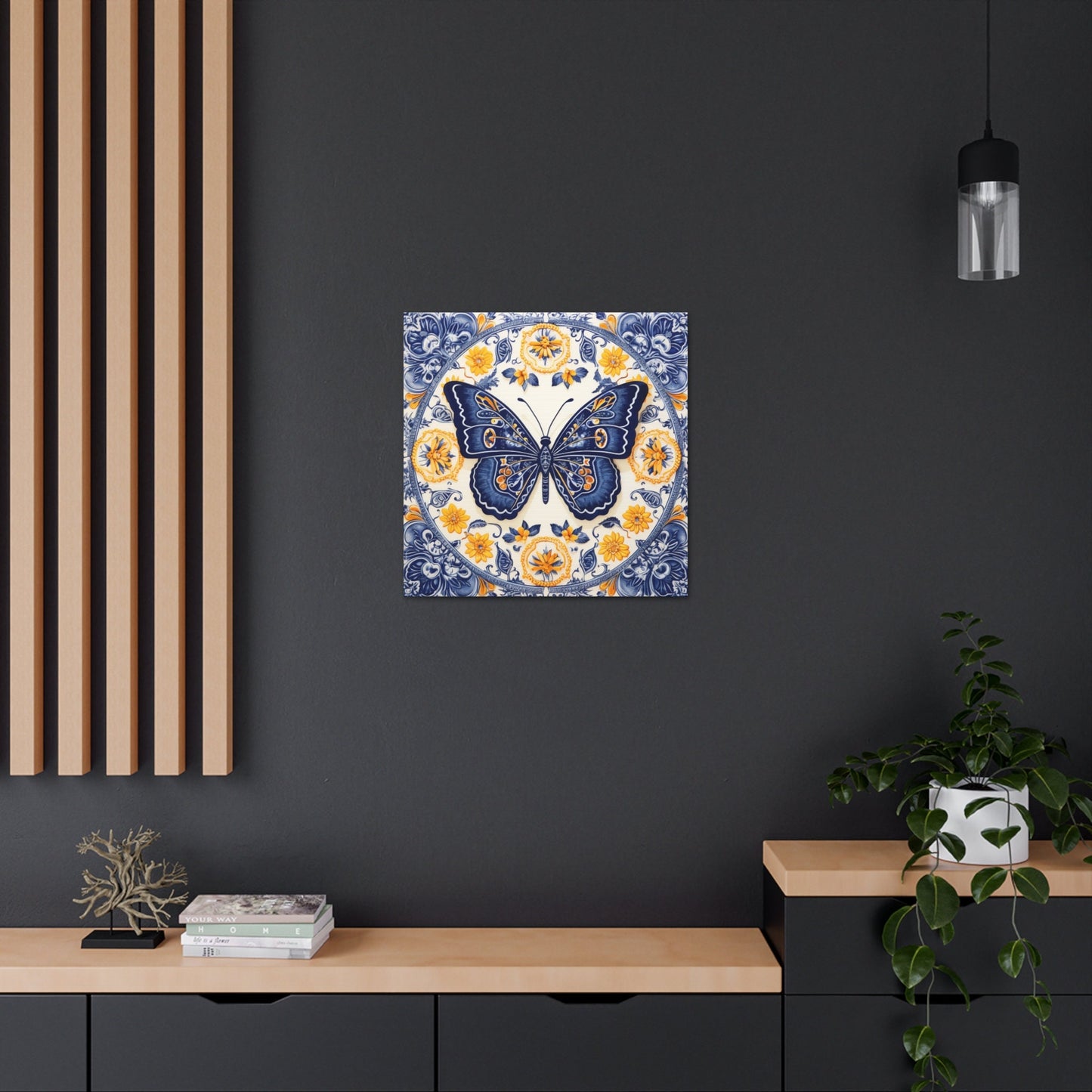 Unique Wall Art for your Home, Apartment or Dorm Room. Butterfly in the style of Qinghua pottery #2. Blue, Orange & white. Awesome 4 U.