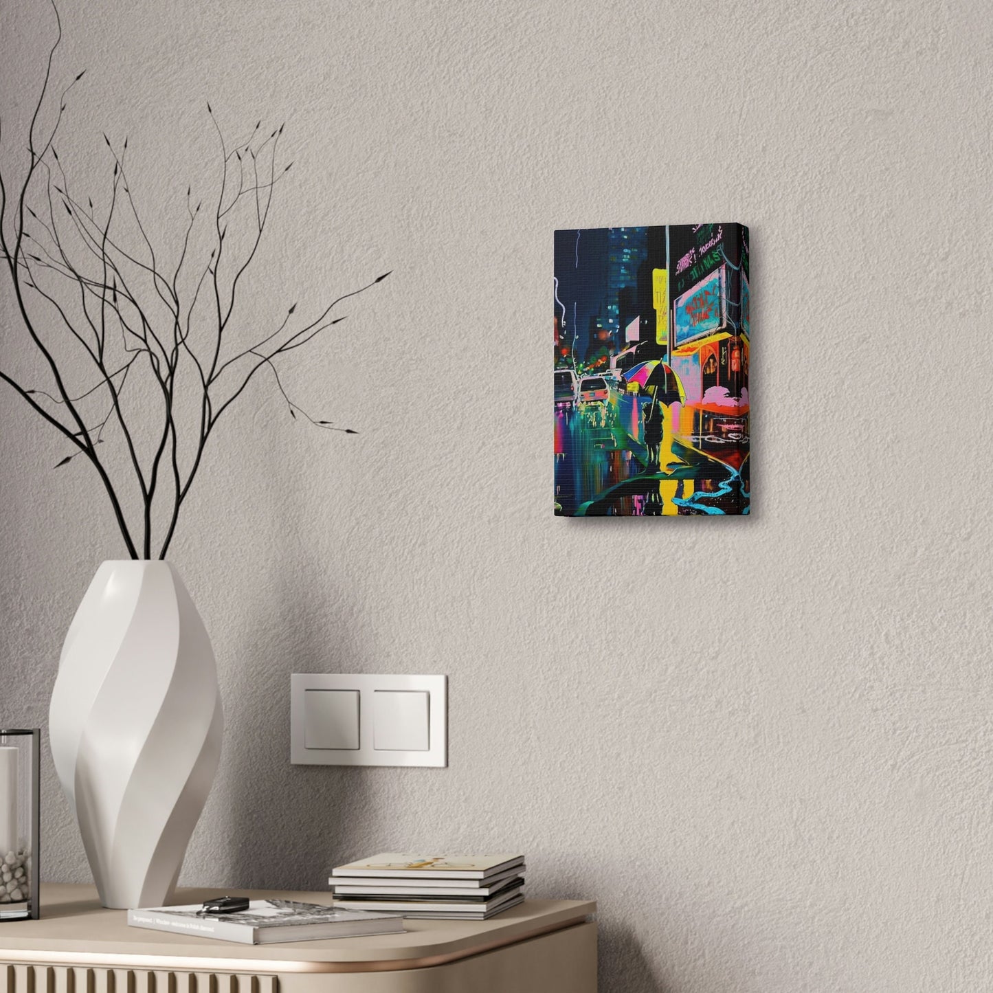 Neon city street scene. Brightly colored Ai Wall Art resembling an impressionistic painting similar to Japanese city art.