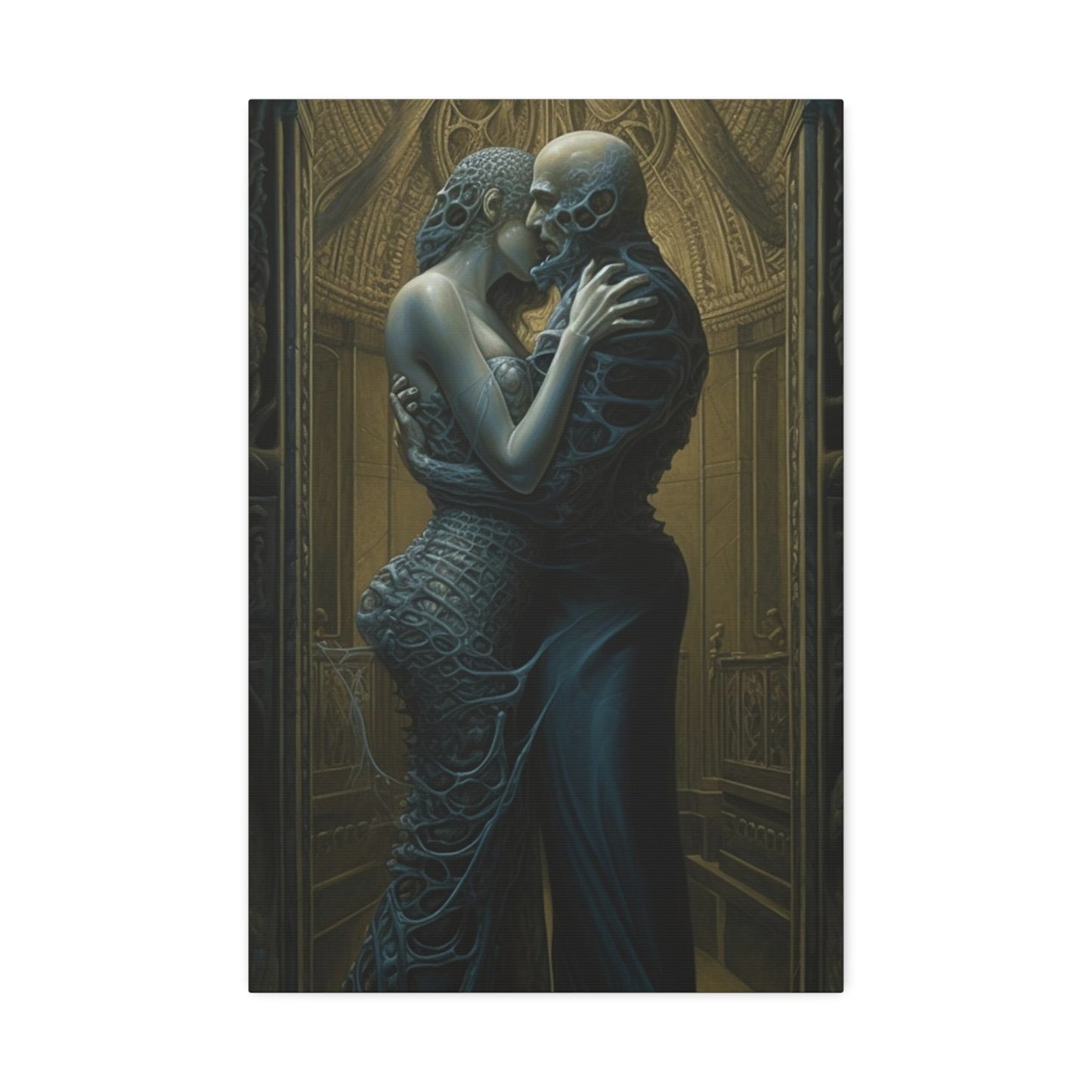 The Embrace: AI generated version mixing styles of H.R Giger with Gustav Klimt's masterpiece, The Kiss.