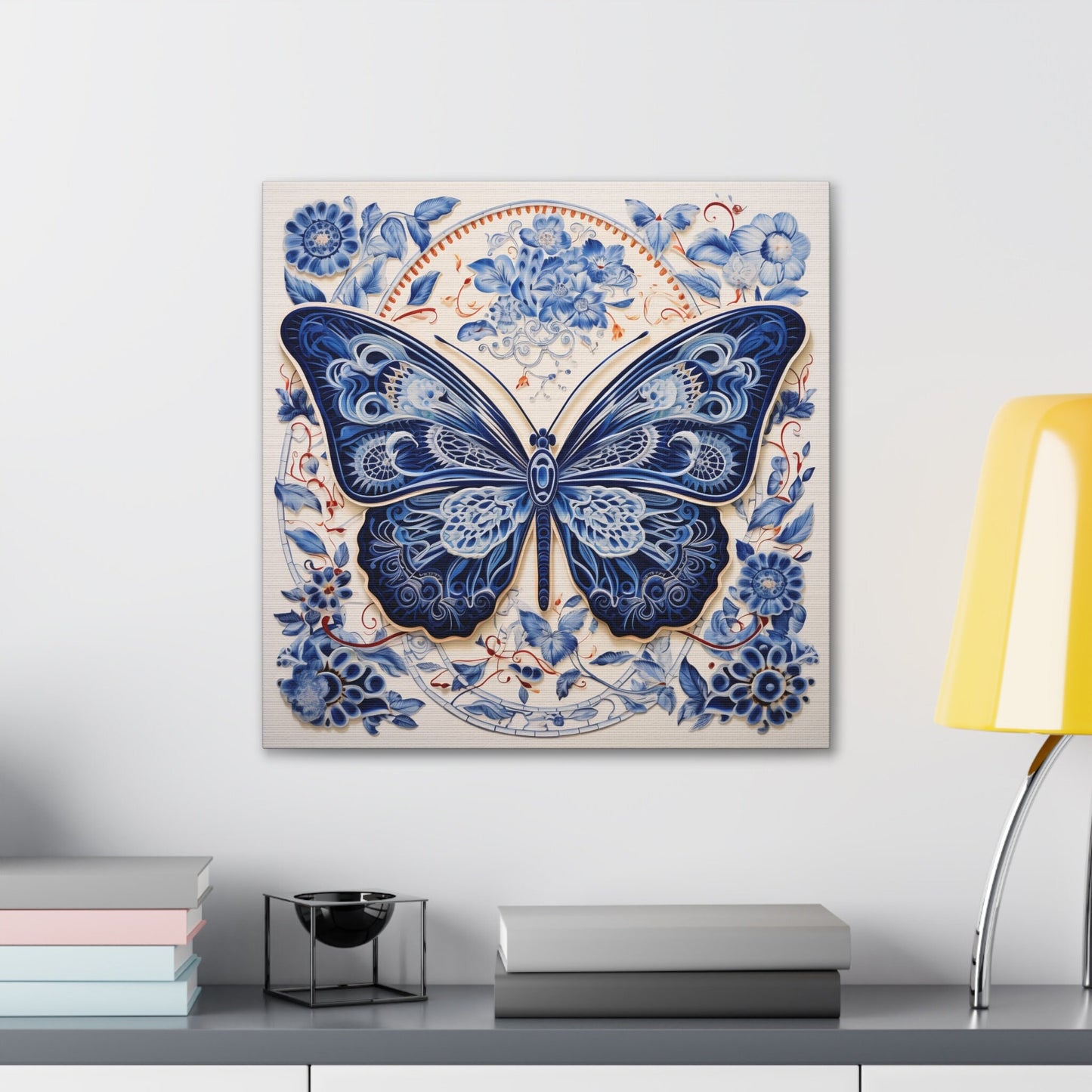 Unique Wall Art for your Home, Apartment or Dorm Room. Butterfly and in the style of Qinghua pottery. Blue, Orange & white. Awesome 4 U.