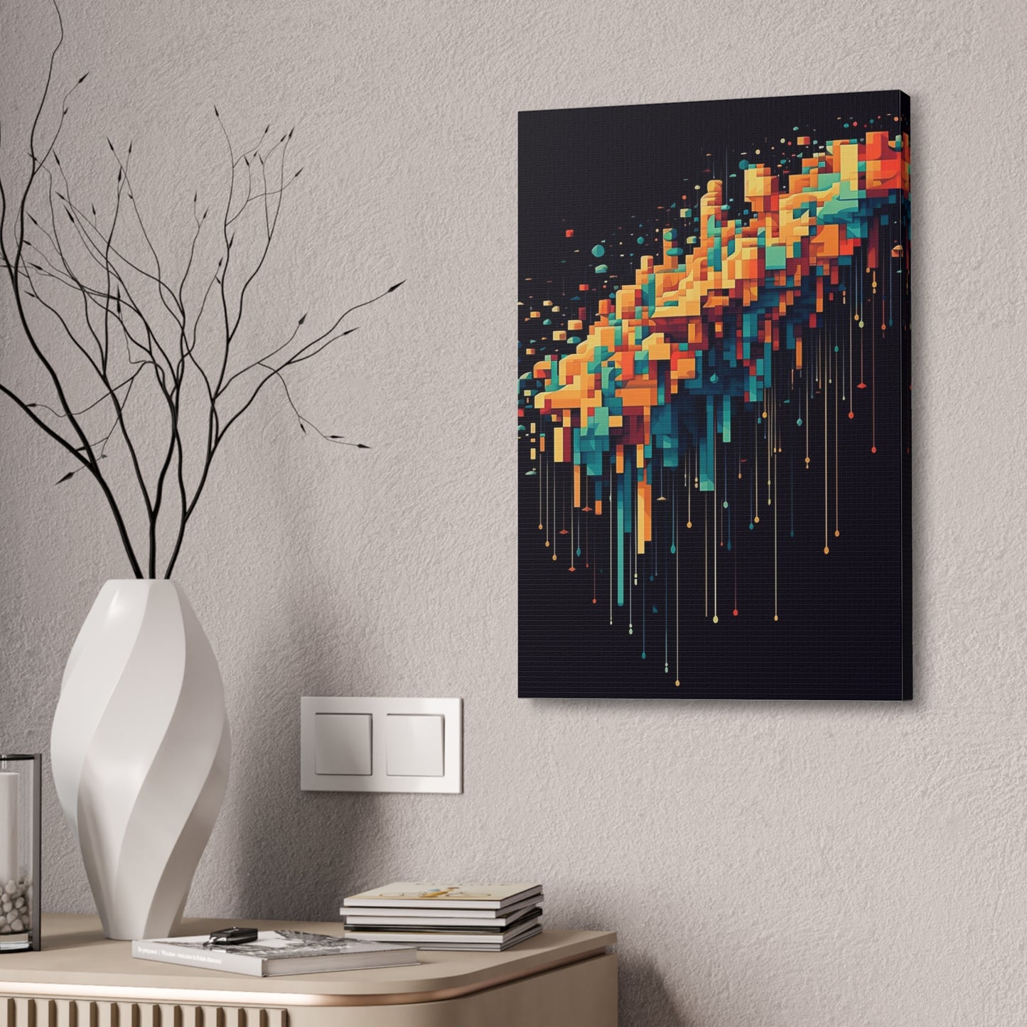 Pixel Drip: AI generated art crossing pixel art mixed with paint pouring techniques. Multicolored wall art.