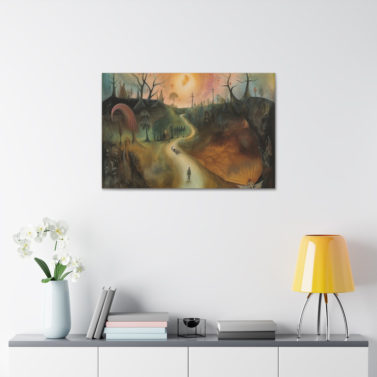 Sleep Paralysis Road: AI generated version of the a Surrealistic piece meant to be haunting and dreamy wall art. Ode to Leonora Carrington.