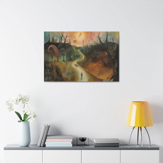 Sleep Paralysis Road: AI generated version of the a Surrealistic piece meant to be haunting and dreamy wall art. Ode to Leonora Carrington.