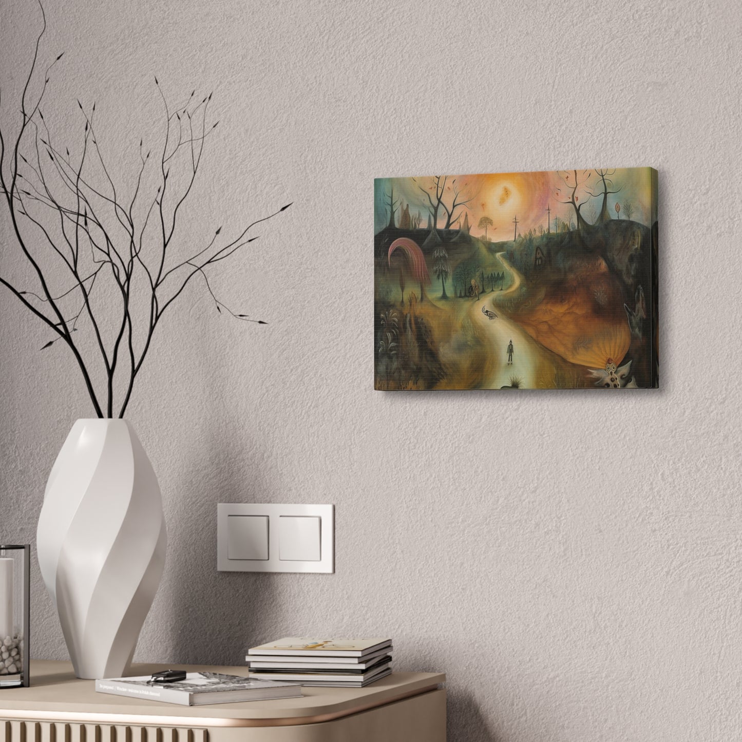 Sleep Paralysis Road: AI generated version of the a Surrealistic piece meant to be haunting and dreamy wall art. Ode to Leonora Carrington.