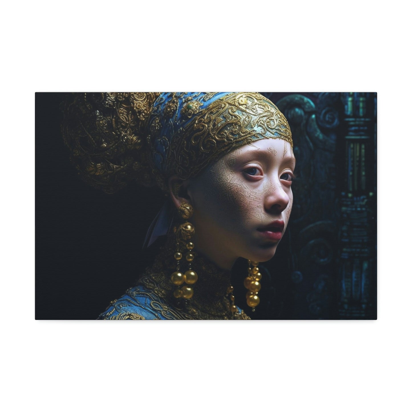 Reimagined Photorealistic Ai Wall Art version of the Vermeer masterpiece, Girl with a Pearl Earring. Alternative POV with an alien twist.