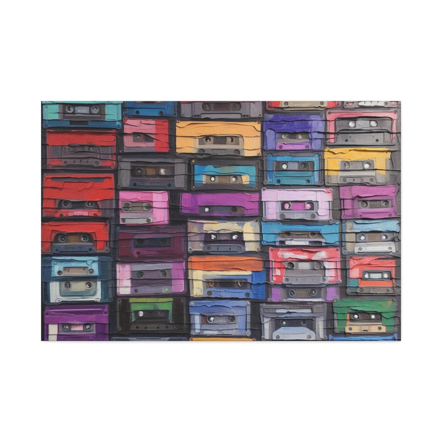 Unique College Dorm or New Apartment Wall Art | Print of textured painting of tapes, cassettes, 80's music. Ai generated.